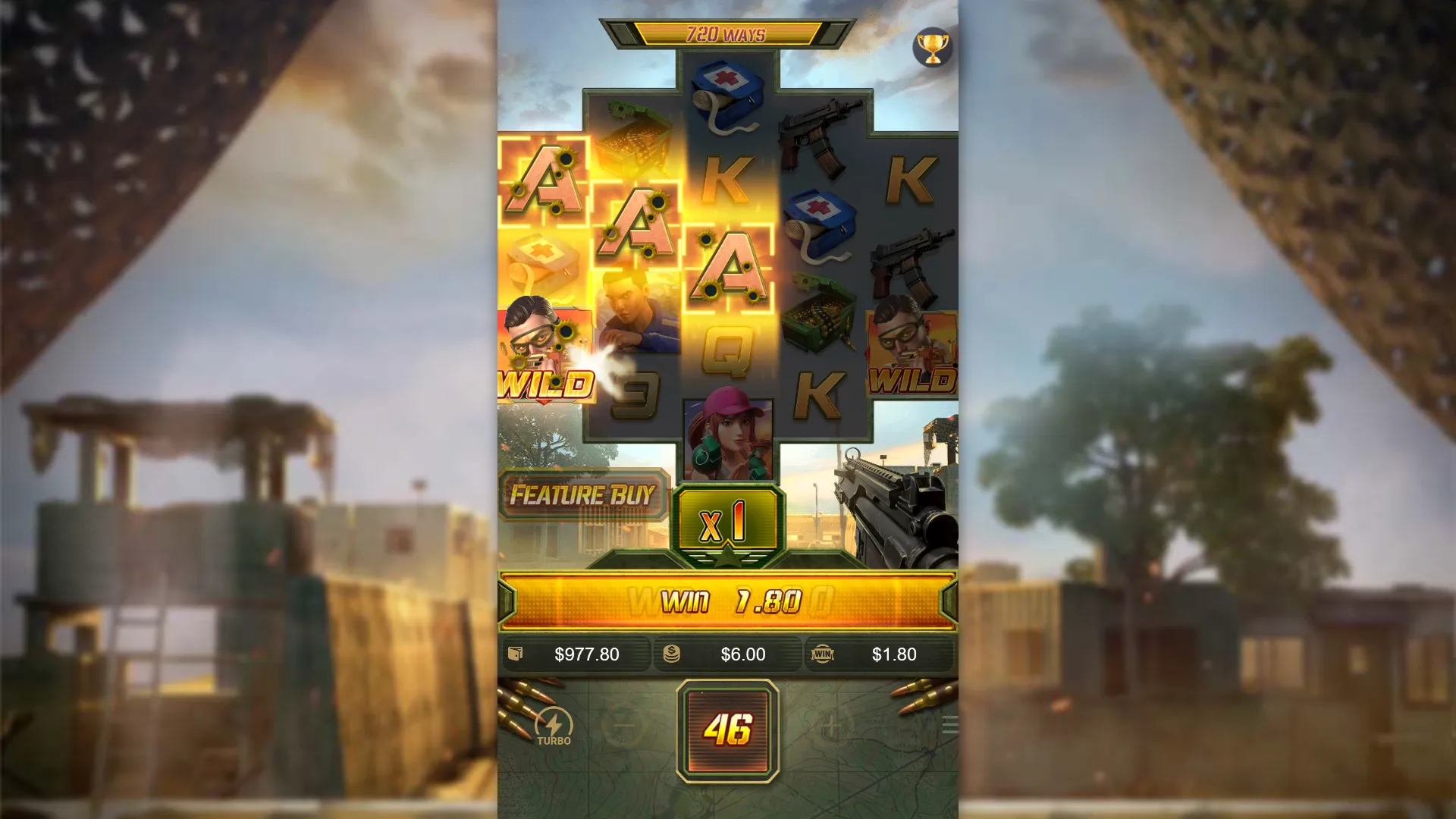 Battleground Royale base game - Wild Transformation active, balance $977.80, bet $6.00, WIN $1.80 at x1; Feature Buy visible