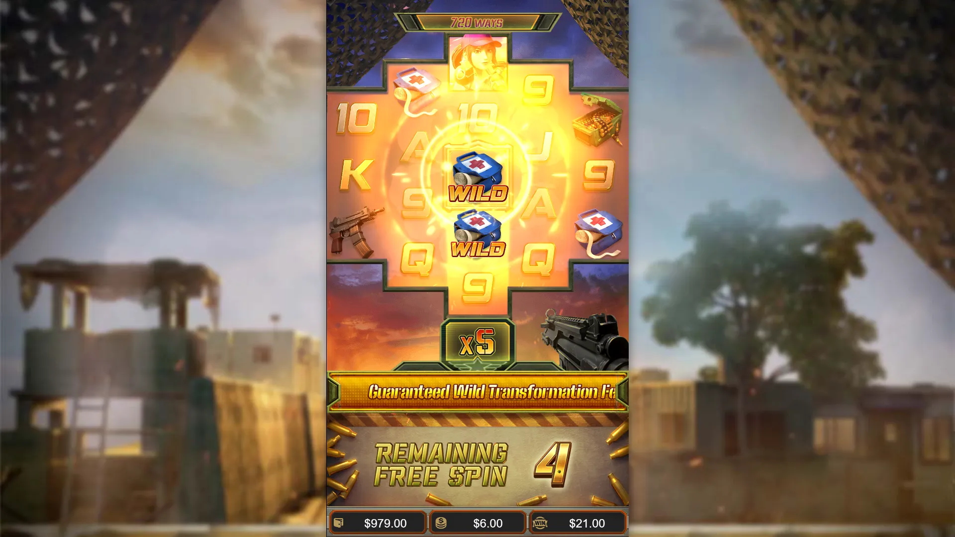 Battleground Royale Free Spins (operator capture) - balance $979.00, x5 multiplier, WIN $21.00, Wild Transformation overlay
