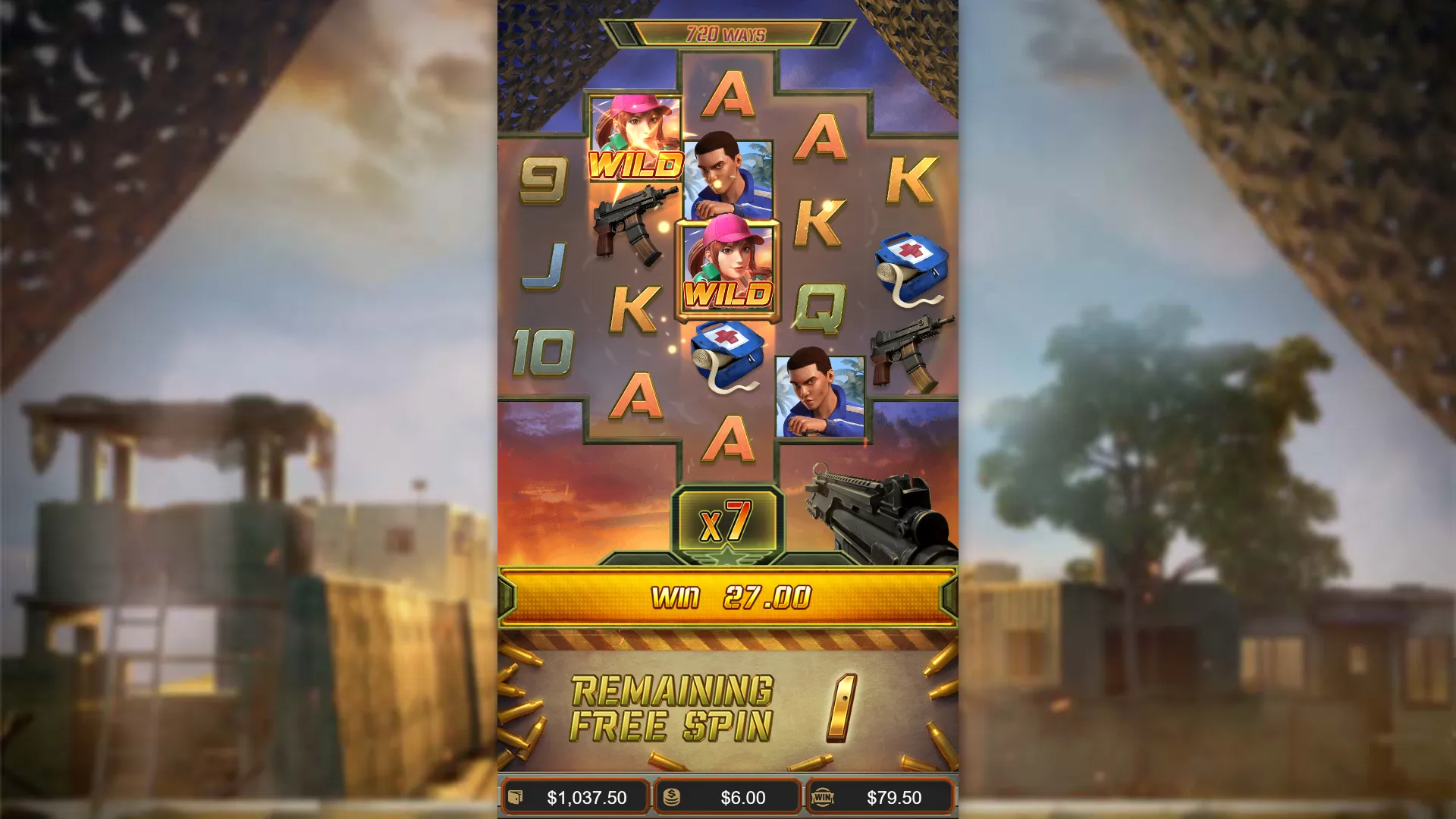 Battleground Royale Free Spins peak (operator capture) - balance $1,037.50, x7 multiplier, $79.50 win (13.25x the $6 bet)